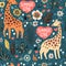 Vector flat hand drawn. Pattern. Giraffes with tropical plants and flowers