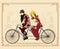 Vector flat happy mature man and woman riding old retro tandem b