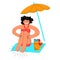 Vector flat happy young woman sitting on beach with nice, clean nails and smooth legs, no hair.
