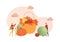 Vector flat hello autumn illustration. Cozy family modern style characters in autumn cloth with harvest basket of vegetables
