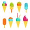 Vector flat ice cream set. Collection of cute summer fruit desserts made of ice