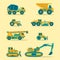 Vector flat icons set of construction vehicles. Road engineering signs. Industrial machinery symbols.
