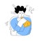 Vector flat illustration with abstract emaciated man who has panic attack and is breathing into bag.