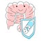 Vector flat illustration abstract happy intestine that is protected by shield with medical capsule