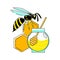 Vector flat illustration with abstract wasp sitting on honeycomb and jar of honey, spoon