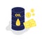 Vector flat illustration of barrel of oil with dollars cash and coins.