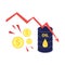 Vector flat illustration of barrel of oil with red falling arrow of the economic chart and dollars coins.