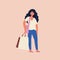 Vector flat illustration of beautiful yong woman with shopping bags. Big sale day.