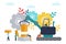 Vector flat illustration, big machine with an iron hand carries money, metaphor of making big money. businessmen count and