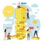 Vector flat illustration big tower jenga with group of young development specialists