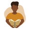 Vector flat illustration of a black man reading a book. Education, training, book lovers club infographics, central illustration.
