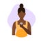 Vector flat illustration of a black pregnant woman drinking water from a glass. Healthy drinking infographics, central