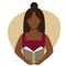 Vector flat illustration of a black woman reading a book. Education, training, book lovers club infographics, central illustration