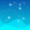 Vector flat Illustration on a blue colors gradient backgroud with constellation of stars, waves, natal chart and soft light. Used