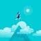 Vector flat illustration with business lady jumping above mountain peak on blue sky with isolated clouds.