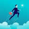 Vector flat illustration with businessman jumping above clouds on blue sky. Motivation, moving upwards, aspirations, new aims and