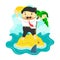 Vector flat illustration of businessman stranded in an island surrounded by shark, danger, business risk