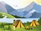 Vector flat illustration camping girl traveler. Nature background with grass, forest, mountains and hills. Outdoor