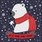 Vector flat illustration of a cartoon polar bear in a scarf with a magic wand with a star.