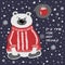 Vector flat illustration of a cartoon polar bear in a sweater, dreaming of hot drink