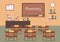 Vector flat illustration of chemistry lassroom at the school, university, institute, college. Desks with books rulers
