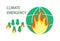 Vector flat illustration of Climate emergency. Fires on a green planet due to global warming and rising temperatures. Burning tree