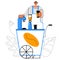 Vector flat illustration of coffee vendor standing behind mobile street counter.