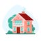 Vector flat illustration of colorful residential house with brick walls and red roof tiles.