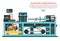 Vector flat illustration of complex engineering machine with pump, pipe, cable, cog wheel, transformation, rotating