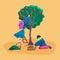 Vector flat illustration. Couple of gardeners is engaged in agricultural work together: planting and caring for trees, vegetables