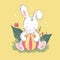 Vector flat illustration of cute little white baby bunny character with playing ball sitting on grass.