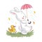 Vector flat illustration of cute white baby bunny character and little duck walking under umbrella. Hand drawn style.