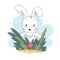 Vector flat illustration of cute white baby bunny character and little small bird playing in grass.