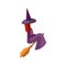 Vector flat illustration of cute witch sitting on a broom, and flying on a broom. Magical flat icon with young woman in
