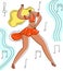 Vector flat illustration dancing, attractive woman on abstract background in form of melody notes