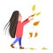 Vector flat illustration of a dancing girl in falling leaves. A dark-haired girl in a red sweater. Autumn greetings of