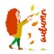 Vector flat illustration of a dancing girl in falling leaves. A girl with red hair in a yellow sweater. Autumn greetings