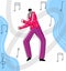 Vector flat illustration dancing man on abstract background in form of melody notes