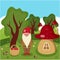 Vector flat illustration of a dwarf near his house in the forest. Cute gnome is harvesting apples in a summer meadow. Beautiful