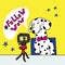 Vector flat illustration of funny cartoon dog of dalmatian breed with bow tie sits at table in front of action camera