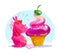 Vector flat illustration with funny cute little unicorn character and big tasty ice cream cone