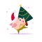 Vector flat illustration of funny little pig elf in santa hat carrying decorated small New year fir tree isolated on white backgro