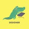 Vector flat illustration of green crocodile in cute freehand style.