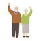 Vector flat illustration of happy cheerful senior couple, holding hands, waving hands, showing OK Sign. Joyful Older man
