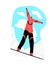 Vector flat illustration happy man riding down mountain and jumping on snowboard