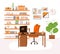 Vector flat illustration of home office work place interrior - working desk with monitor, computer, shelfs with books