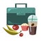 Vector flat illustration of lunch  in box with coffee, muffin, apples and banana
