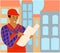 Vector flat illustration with male engineer looking into drawing sheet. Colored buildings are depicted in background.