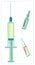 Vector flat illustration with medical syringe for injectings, vials with medicine. For your web site, logo, app, UI