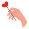 Vector flat illustration-metaphor with isolated hand that holds heart in form lollipop.